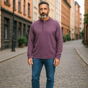 Nat Nast Sweater‎ Men's XXL Purple Quarter Zip Snap Leather Pull Cotton Blend